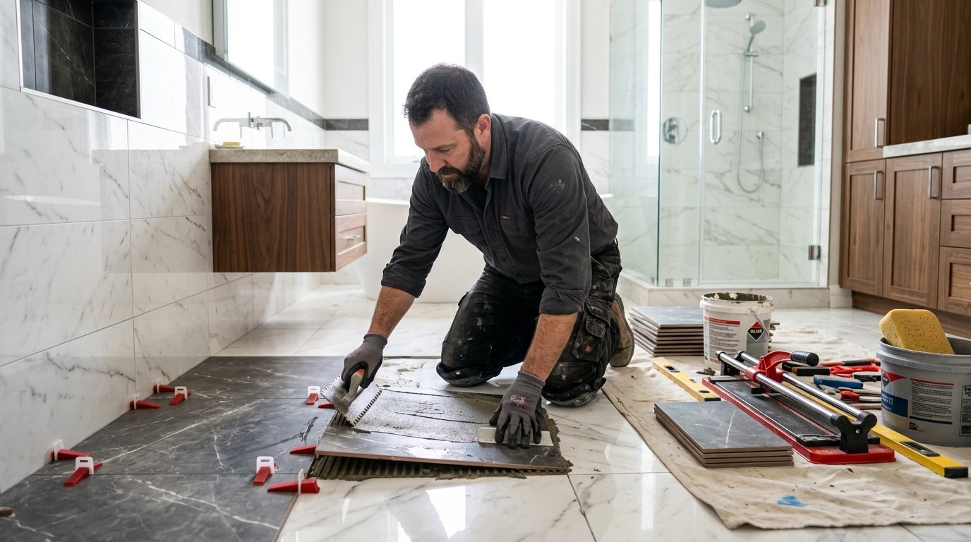 Profesional instalando baño moderno